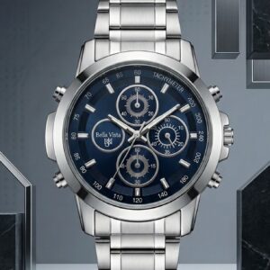 Classic Steel Chronograph Watch In Dark Blue Dial