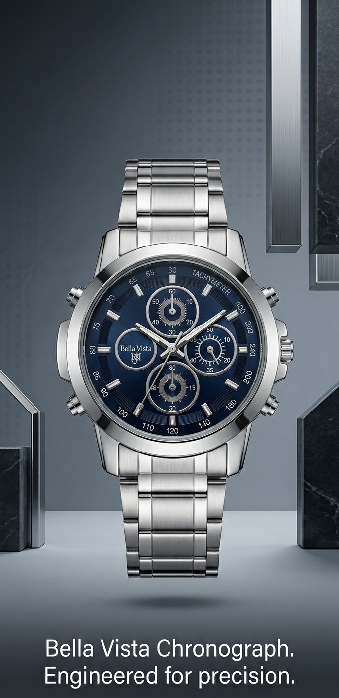 Classic Steel Chronograph Watch In Dark Blue Dial