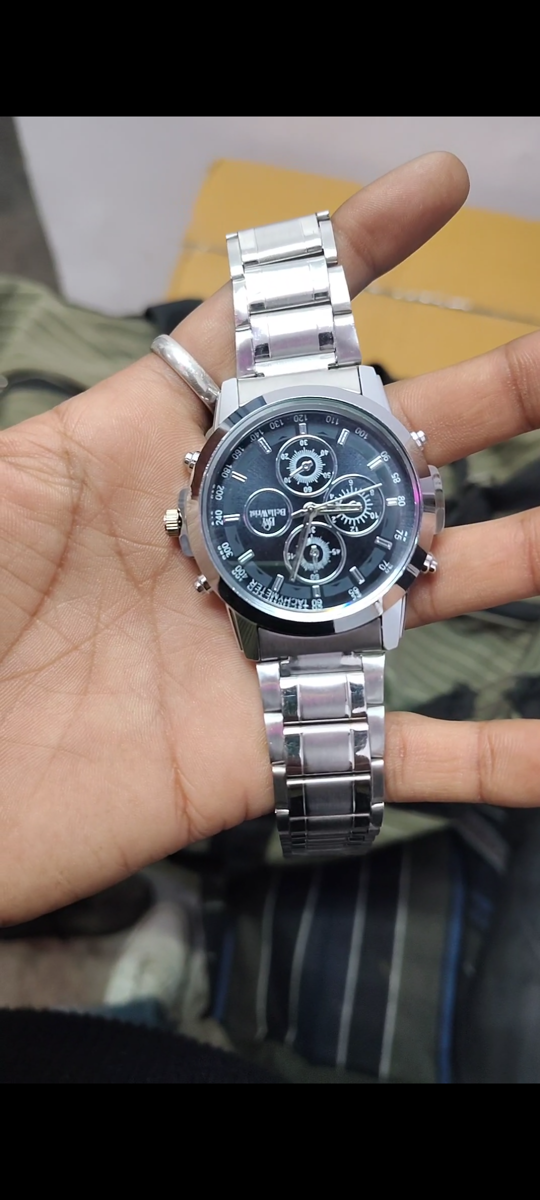 Classic Steel Chronograph Watch In Dark Blue Dial
