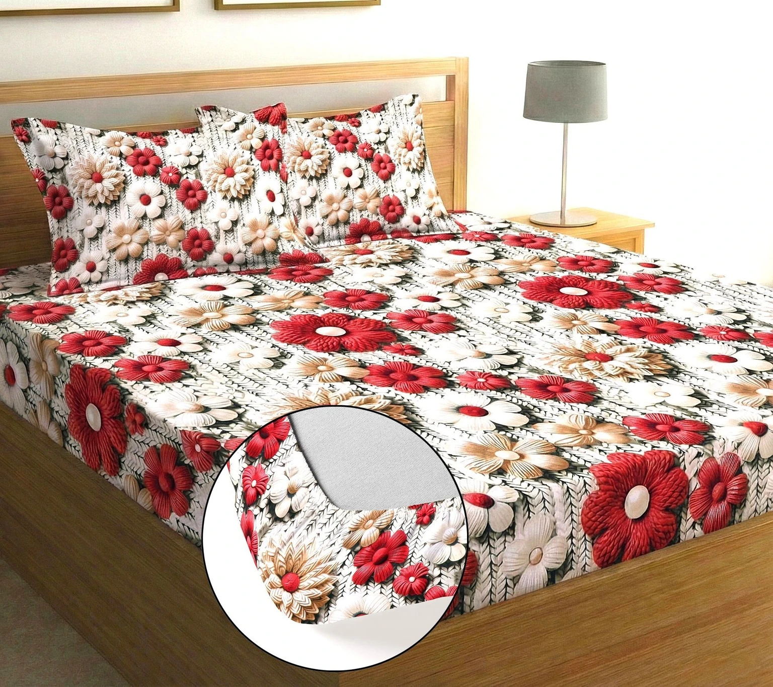 Premium Red Coffee Flower Cotton King Fitted (Elastic) 7D Digital 1 Bedsheet with 2 Pillow Covers