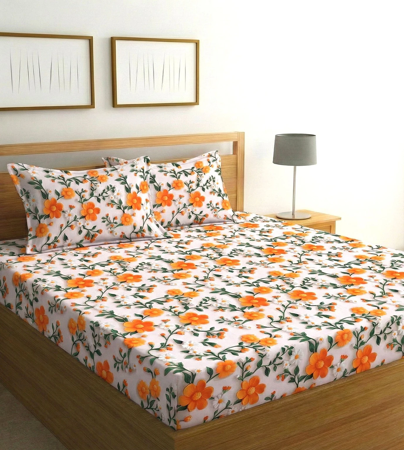 Sun Flower Cotton King Fitted (Elastic) 7D Digital 1 Bedsheet with 2 Pillow Covers