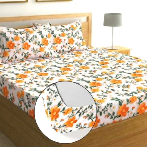 Sun Flower Cotton King Fitted (Elastic) 7D Digital 1 Bedsheet with 2 Pillow Covers