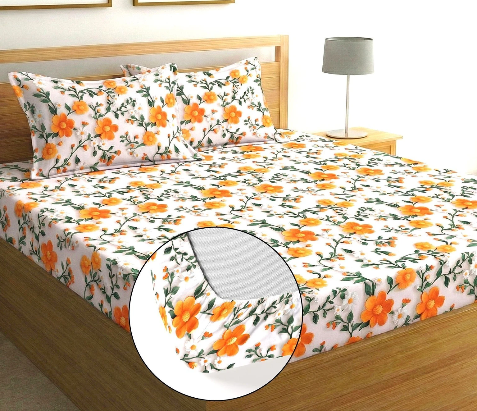 Sun Flower Cotton King Fitted (Elastic) 7D Digital 1 Bedsheet with 2 Pillow Covers
