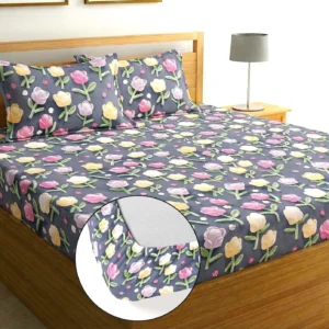 Premium Blue Tulip Cotton King Fitted (Elastic) 7D Digital 1 Bedsheet with 2 Pillow Covers