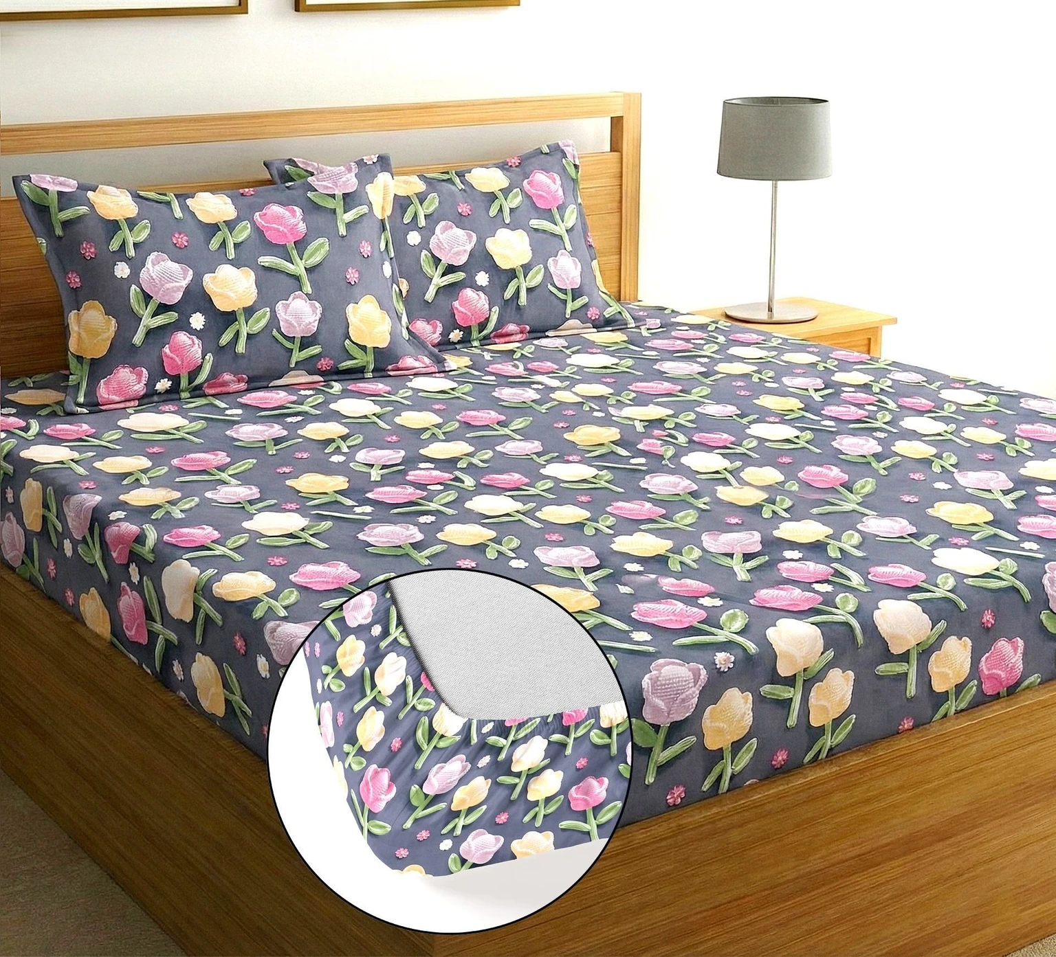 Premium Blue Tulip Cotton King Fitted (Elastic) 7D Digital 1 Bedsheet with 2 Pillow Covers