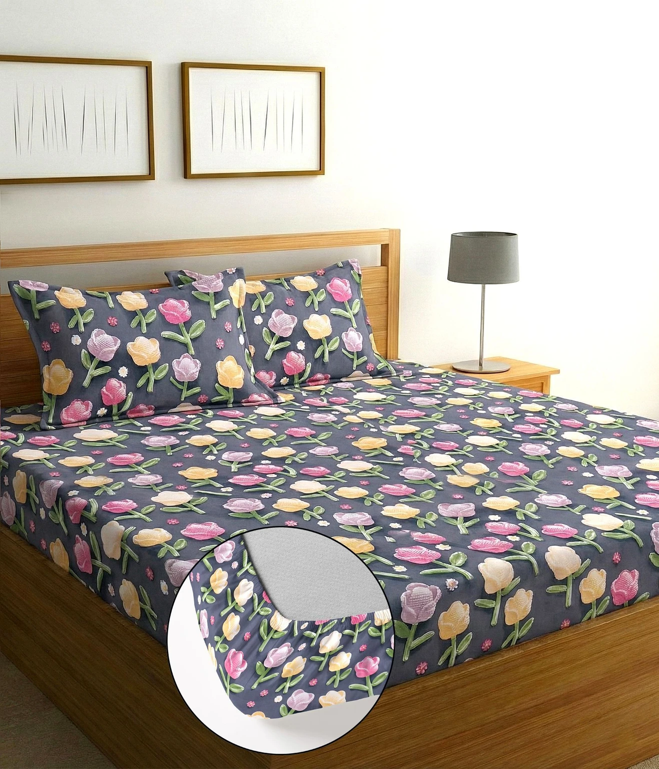 Premium Blue Tulip Cotton King Fitted (Elastic) 7D Digital 1 Bedsheet with 2 Pillow Covers