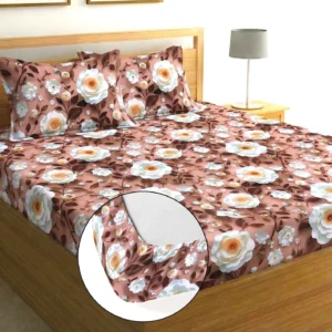 Brown Rose Cotton King Fitted (Elastic) 7D Digital 1 Bedsheet with 2 Pillow Covers
