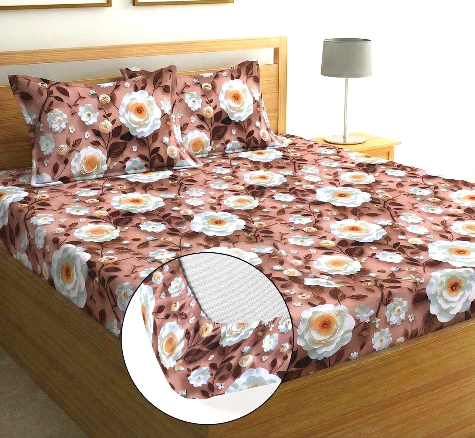 Brown Rose Cotton King Fitted (Elastic) 7D Digital 1 Bedsheet with 2 Pillow Covers