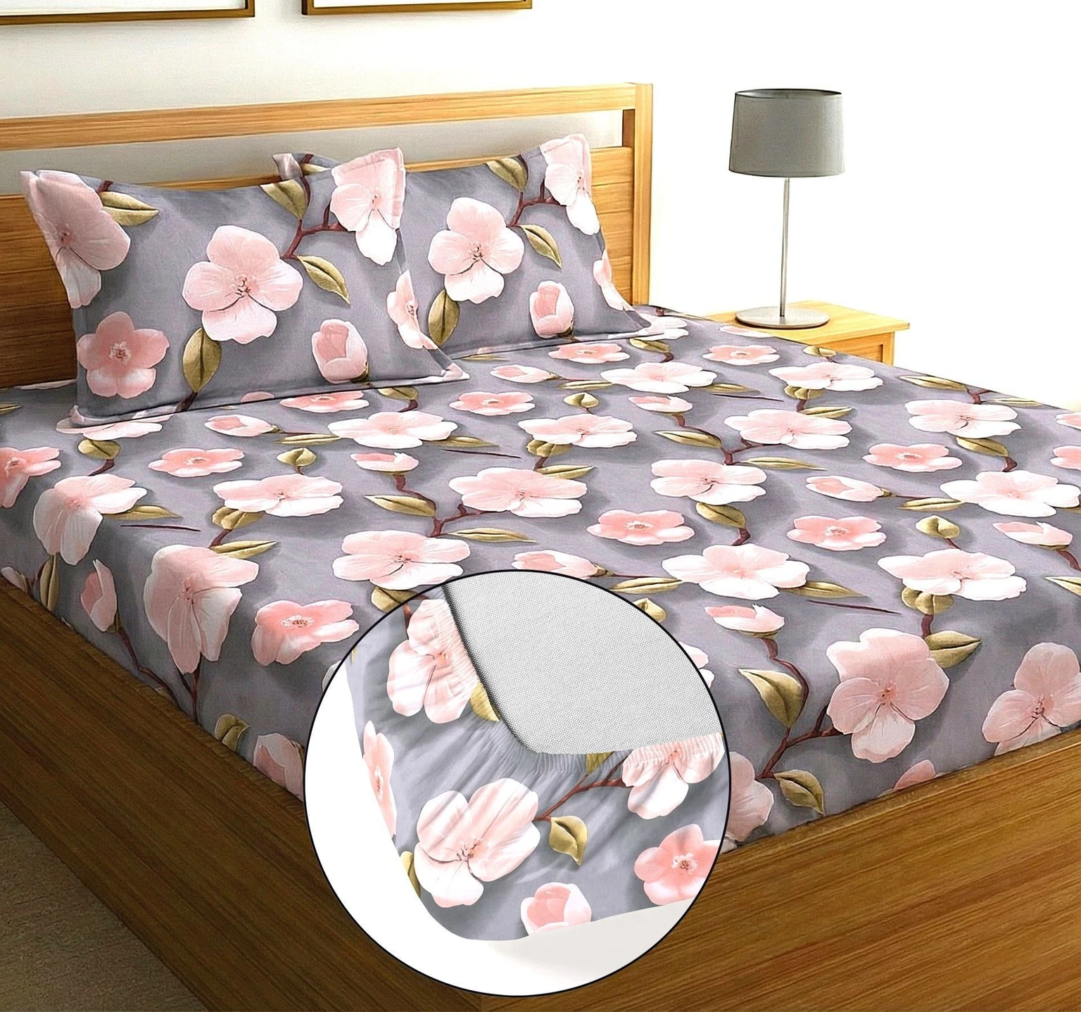 Premium Luxe Cotton King Fitted (Elastic) 7D Digital 1 Bedsheet with 2 Pillow Covers