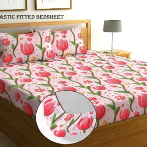 Premium Pink Lotus Cotton King Fitted (Elastic) 7D Digital 1 Bedsheet with 2 Pillow Covers