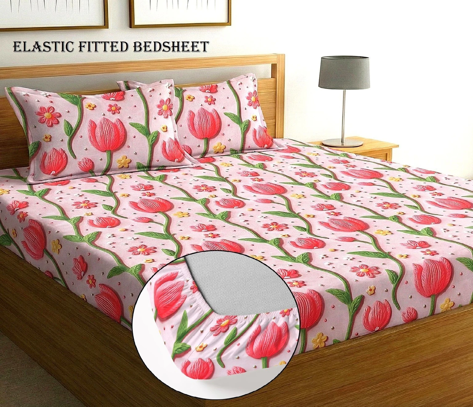 Premium Pink Lotus Cotton King Fitted (Elastic) 7D Digital 1 Bedsheet with 2 Pillow Covers