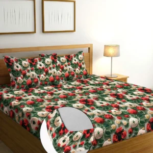 Premium Red Goli Cotton King Fitted (Elastic) 7D Digital 1 Bedsheet with 2 Pillow Covers