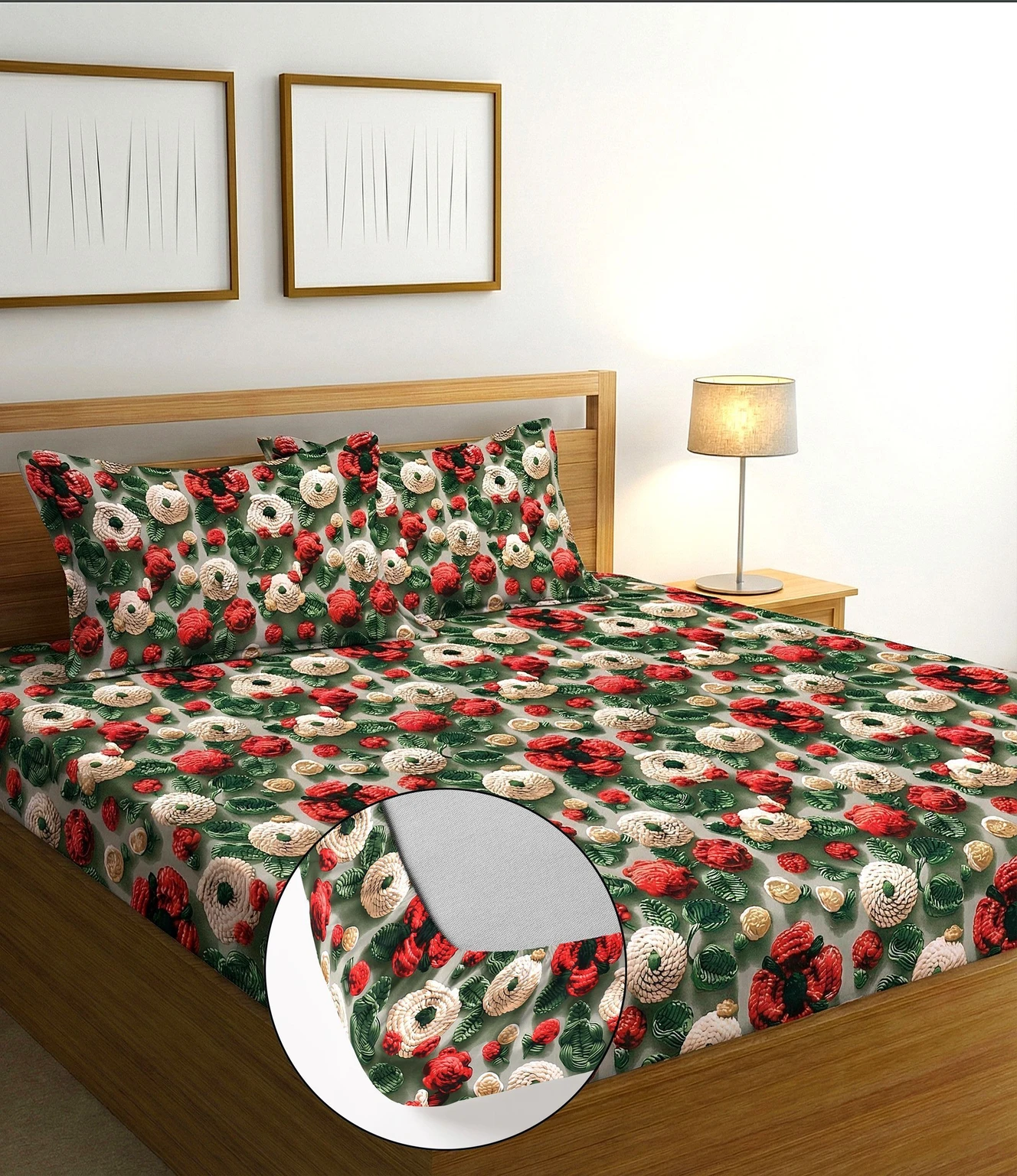 Premium Red Goli Cotton King Fitted (Elastic) 7D Digital 1 Bedsheet with 2 Pillow Covers