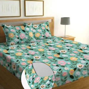 Sky Rose Cotton King Fitted (Elastic) 7D Digital 1 Bedsheet with 2 Pillow Covers