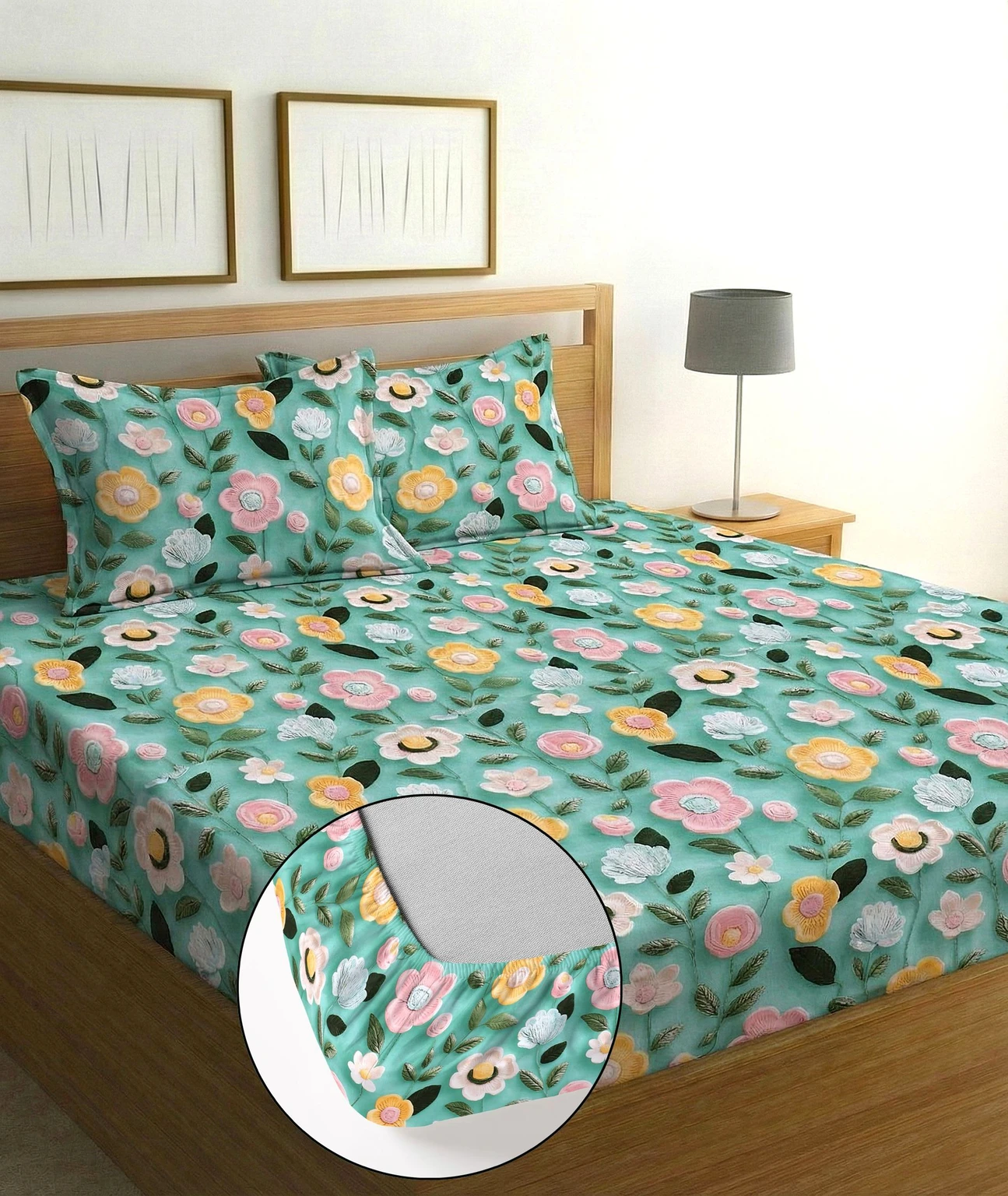 Sky Rose Cotton King Fitted (Elastic) 7D Digital 1 Bedsheet with 2 Pillow Covers