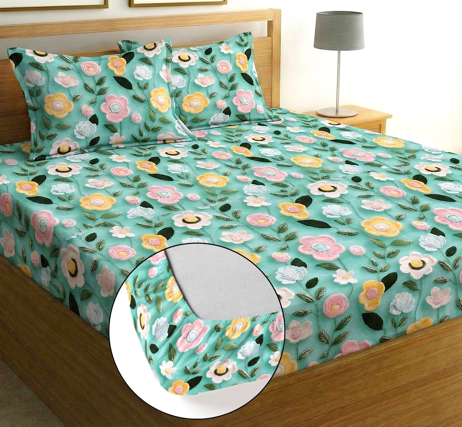 Sky Rose Cotton King Fitted (Elastic) 7D Digital 1 Bedsheet with 2 Pillow Covers