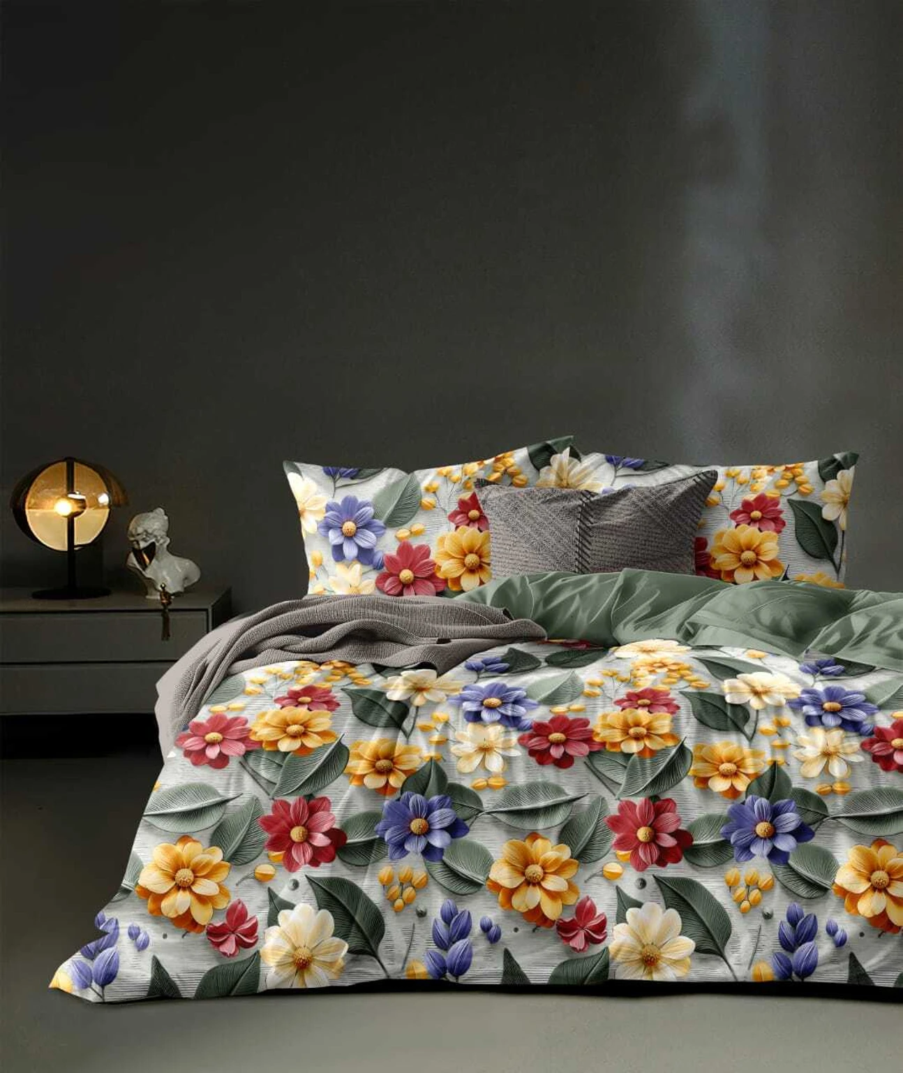 Premium Red Yellow Flower Cotton King Fitted (Elastic) 7D Digital 1 Bedsheet with 2 Pillow Covers