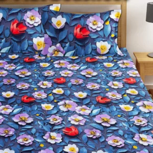 Premium Blue Multi Rose Cotton King Fitted (Elastic) 7D Digital 1 Bedsheet with 2 Pillow Covers