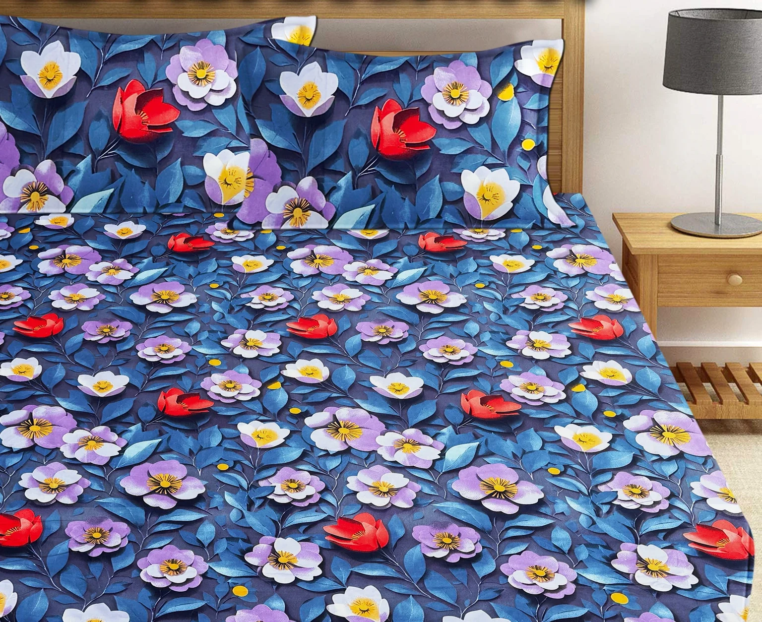 Premium Blue Multi Rose Cotton King Fitted (Elastic) 7D Digital 1 Bedsheet with 2 Pillow Covers
