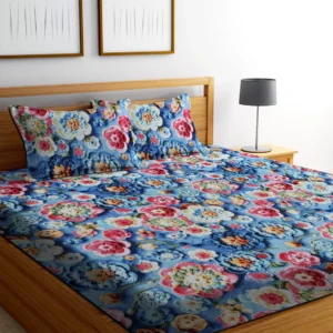 Premium Blue Flowers Cotton King Fitted (Elastic) 7D Digital 1 Bedsheet with 2 Pillow Covers