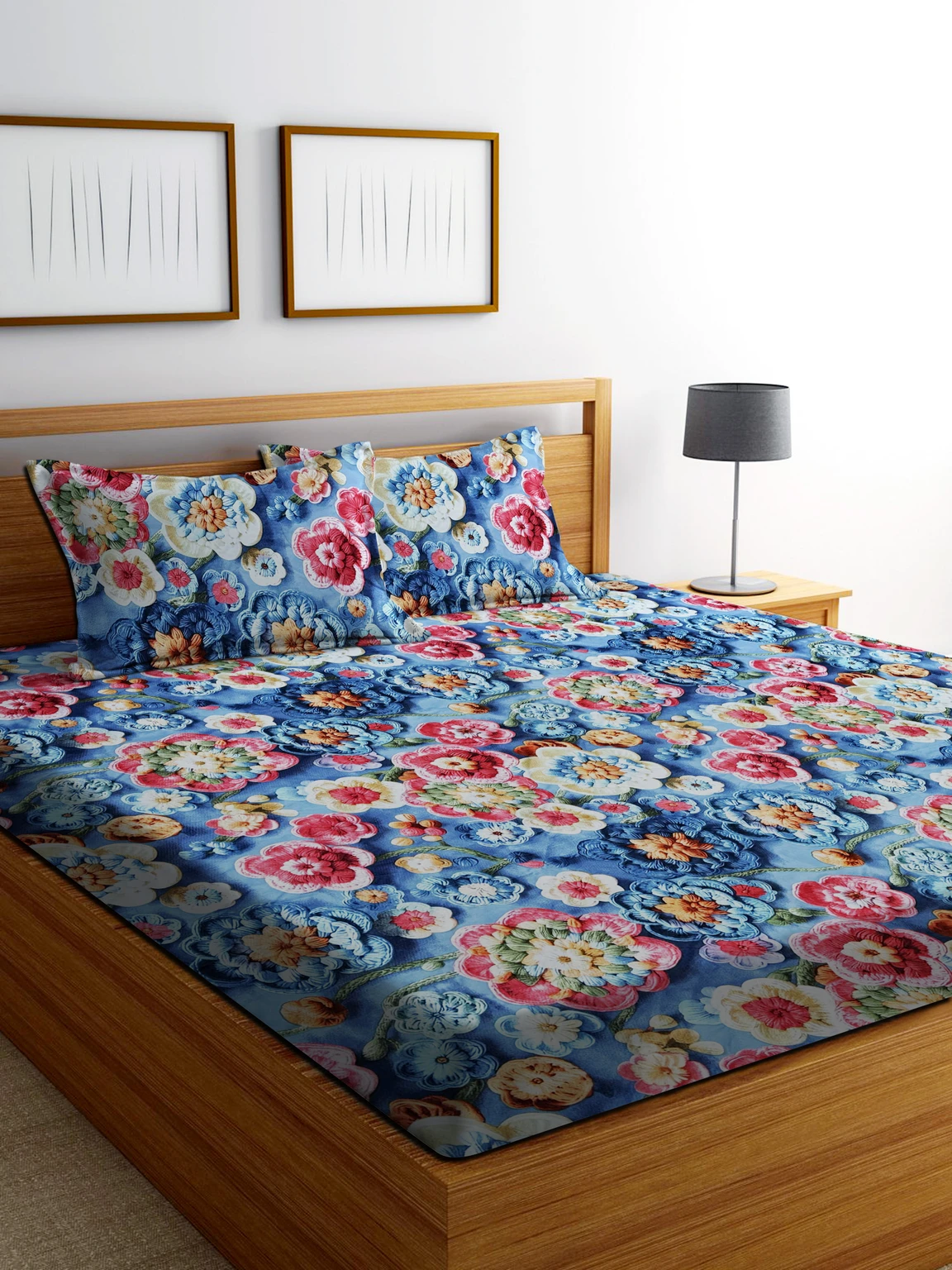 Premium Blue Flowers Cotton King Fitted (Elastic) 7D Digital 1 Bedsheet with 2 Pillow Covers