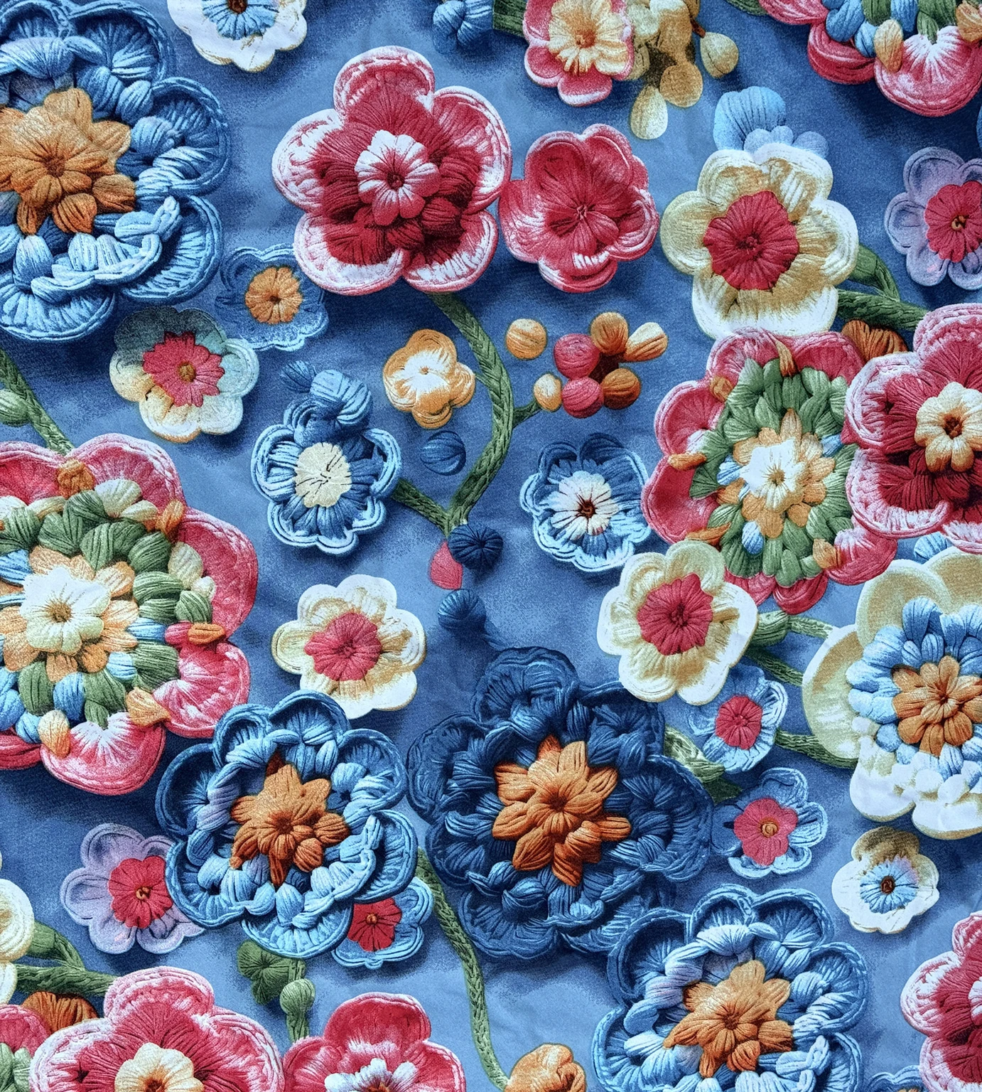 Premium Blue Flowers Cotton King Fitted (Elastic) 7D Digital 1 Bedsheet with 2 Pillow Covers