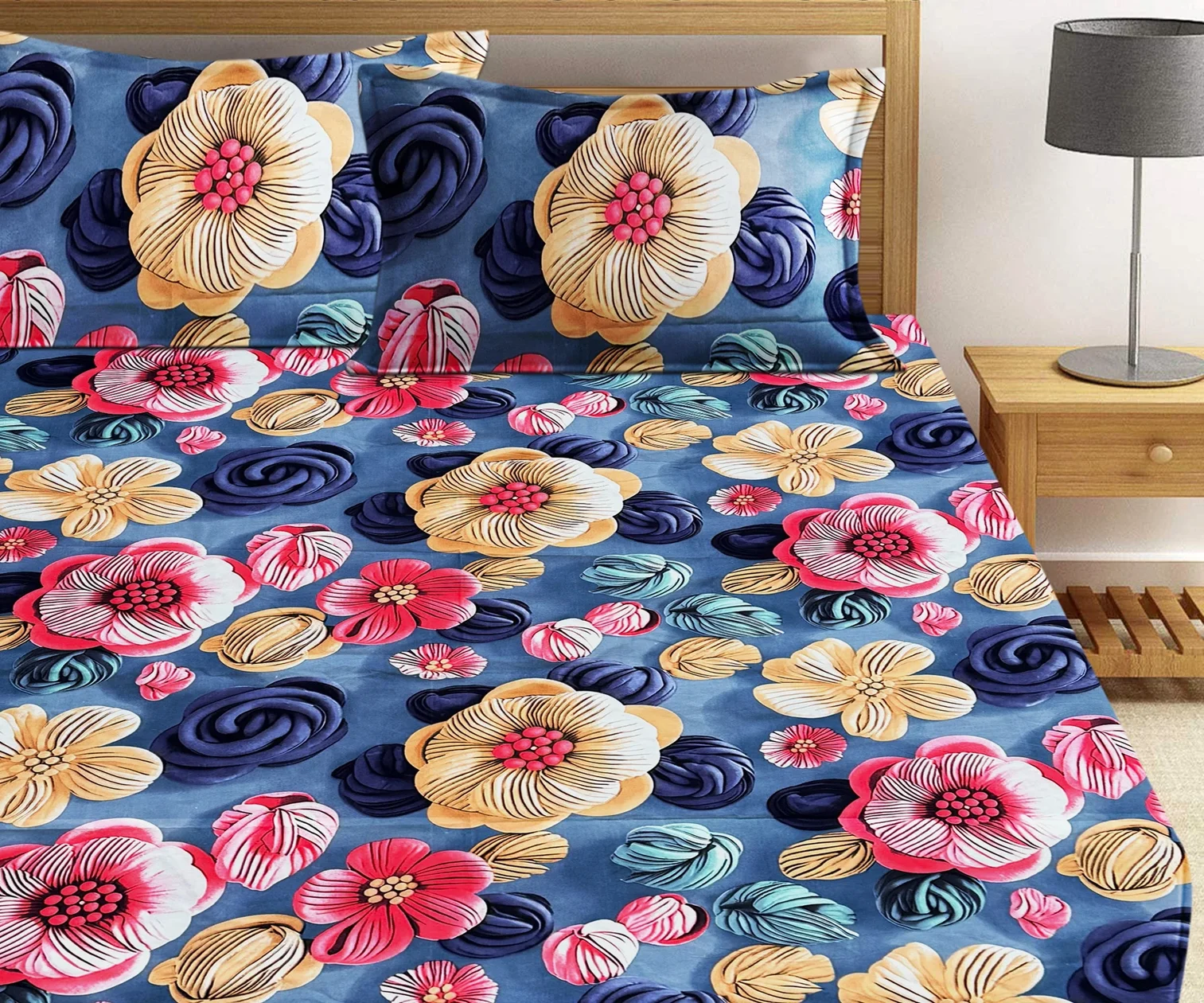 Premium Purple Cotton King Fitted (Elastic) 7D Digital 1 Bedsheet with 2 Pillow Covers