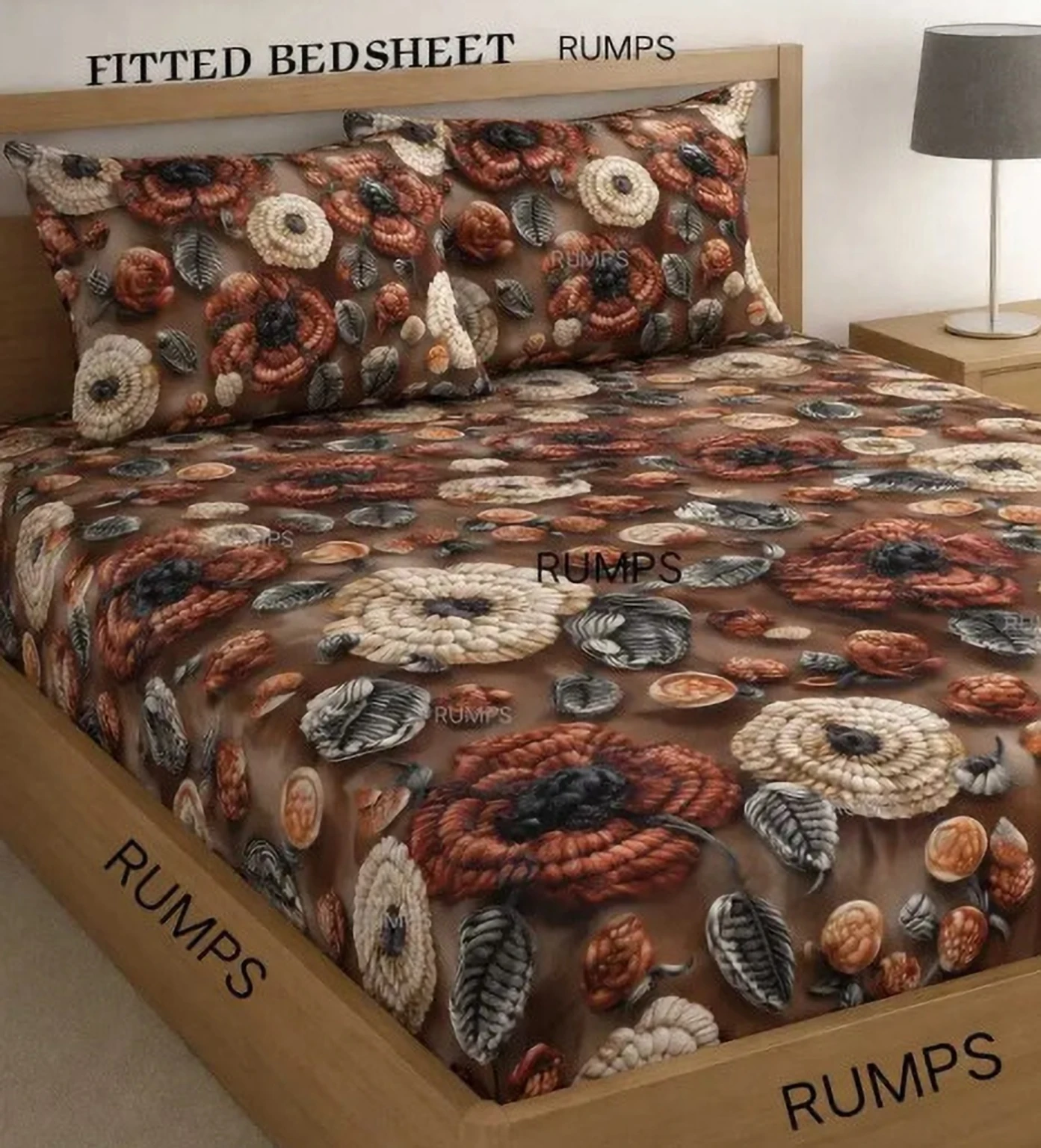 Premium Brown Coffee Cotton King Fitted (Elastic) 7D Digital 1 Bedsheet with 2 Pillow Covers