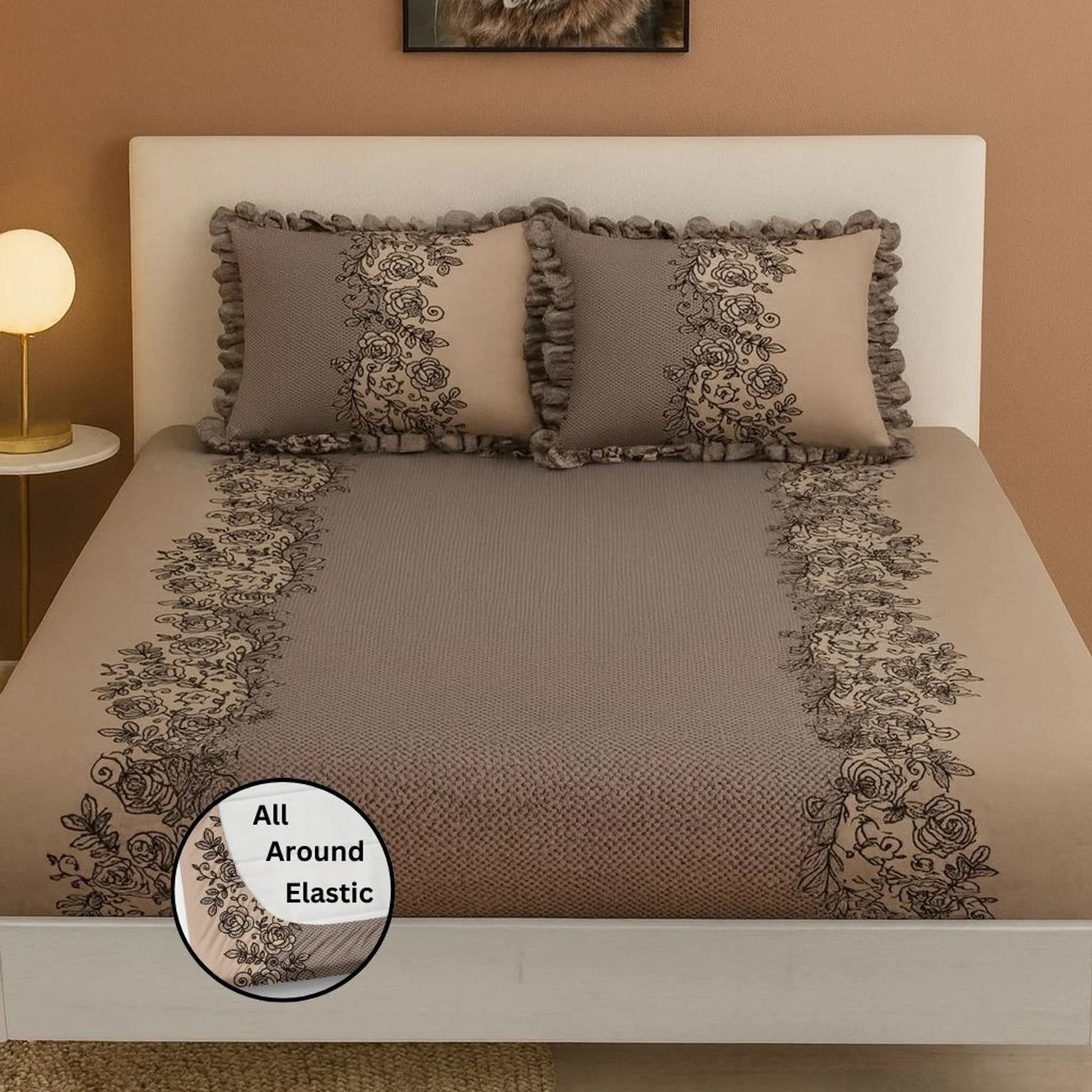 Soft Cotton King Double Fitted Bedsheet 90x100 In with 2 Pillow Covers 18x28 In