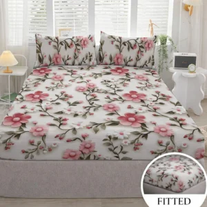 Premium Pink Flower Cotton King Fitted (Elastic) 7D Digital 1 Bedsheet with 2 Pillow Covers