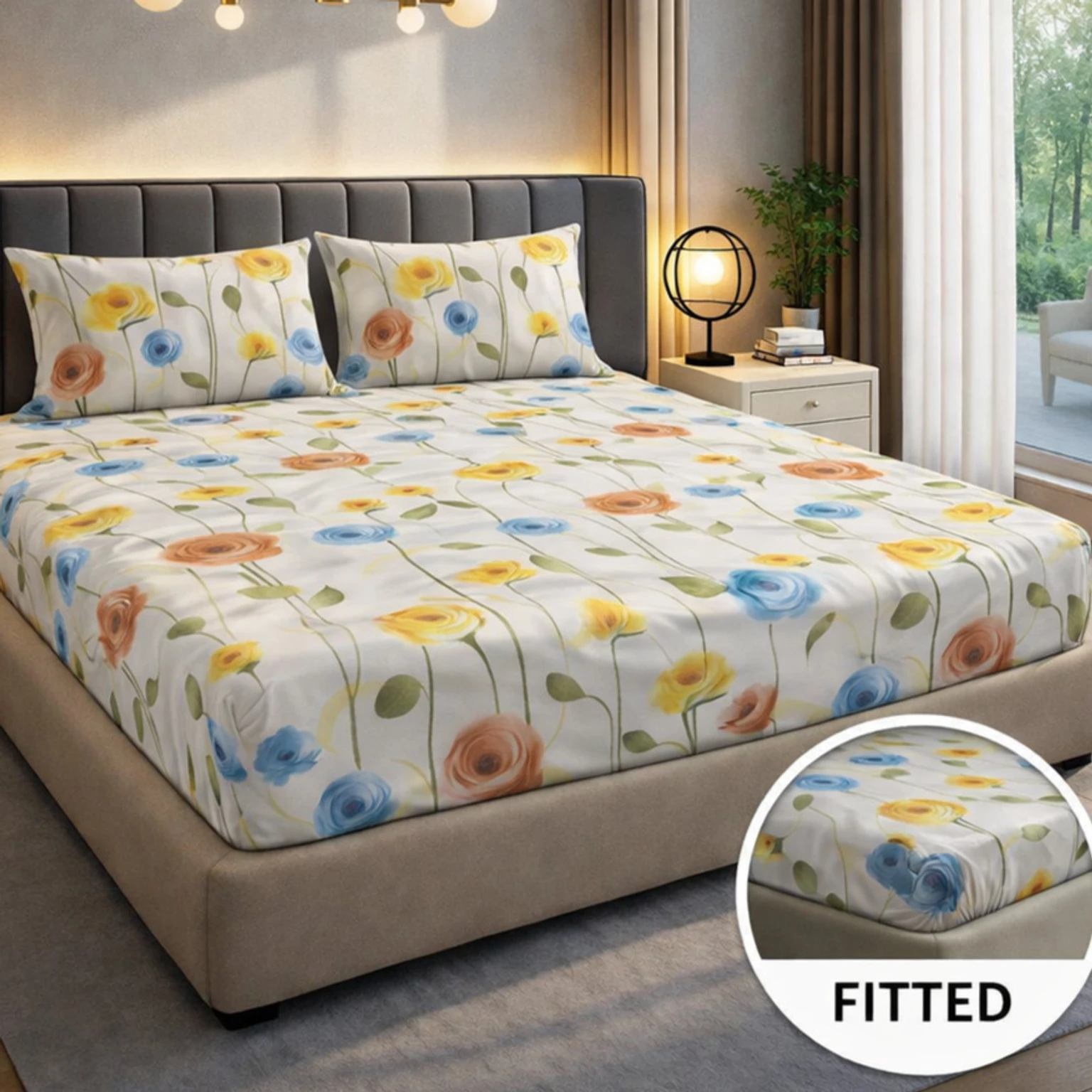 Premium Cream Color Cotton King Fitted (Elastic) 7D Digital 1 Bedsheet with 2 Pillow Covers