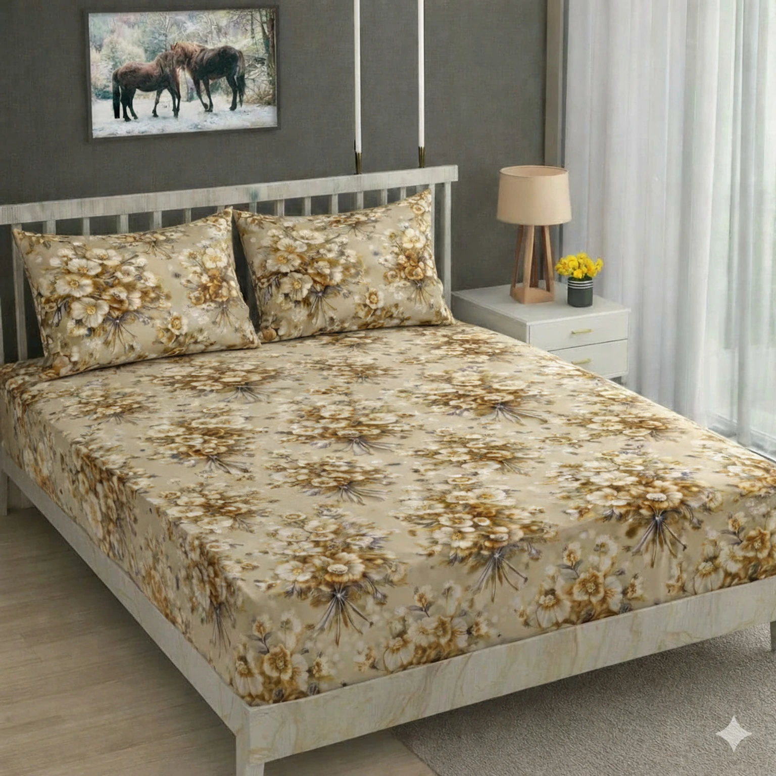 Premium Gold Cotton King Fitted (Elastic) 7D Digital 1 Bedsheet with 2 Pillow Covers