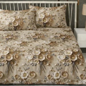 Premium Gold Cotton King Fitted (Elastic) 7D Digital 1 Bedsheet with 2 Pillow Covers