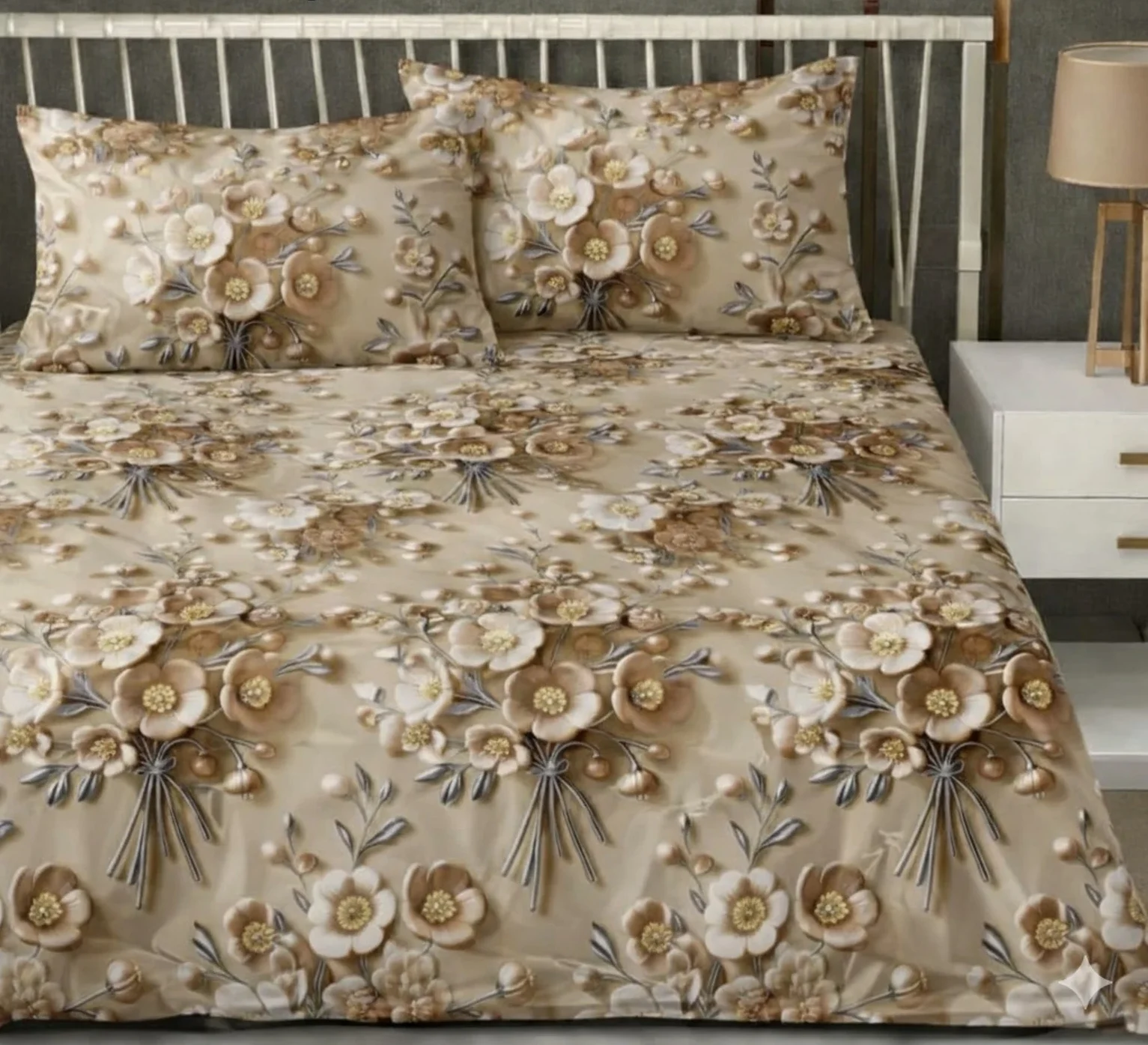 Premium Gold Cotton King Fitted (Elastic) 7D Digital 1 Bedsheet with 2 Pillow Covers