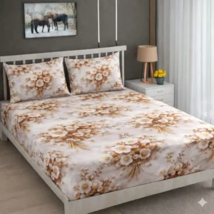 Premium White Gold Floral Cotton King Fitted (Elastic) 7D Digital 1 Bedsheet with 2 Pillow Covers