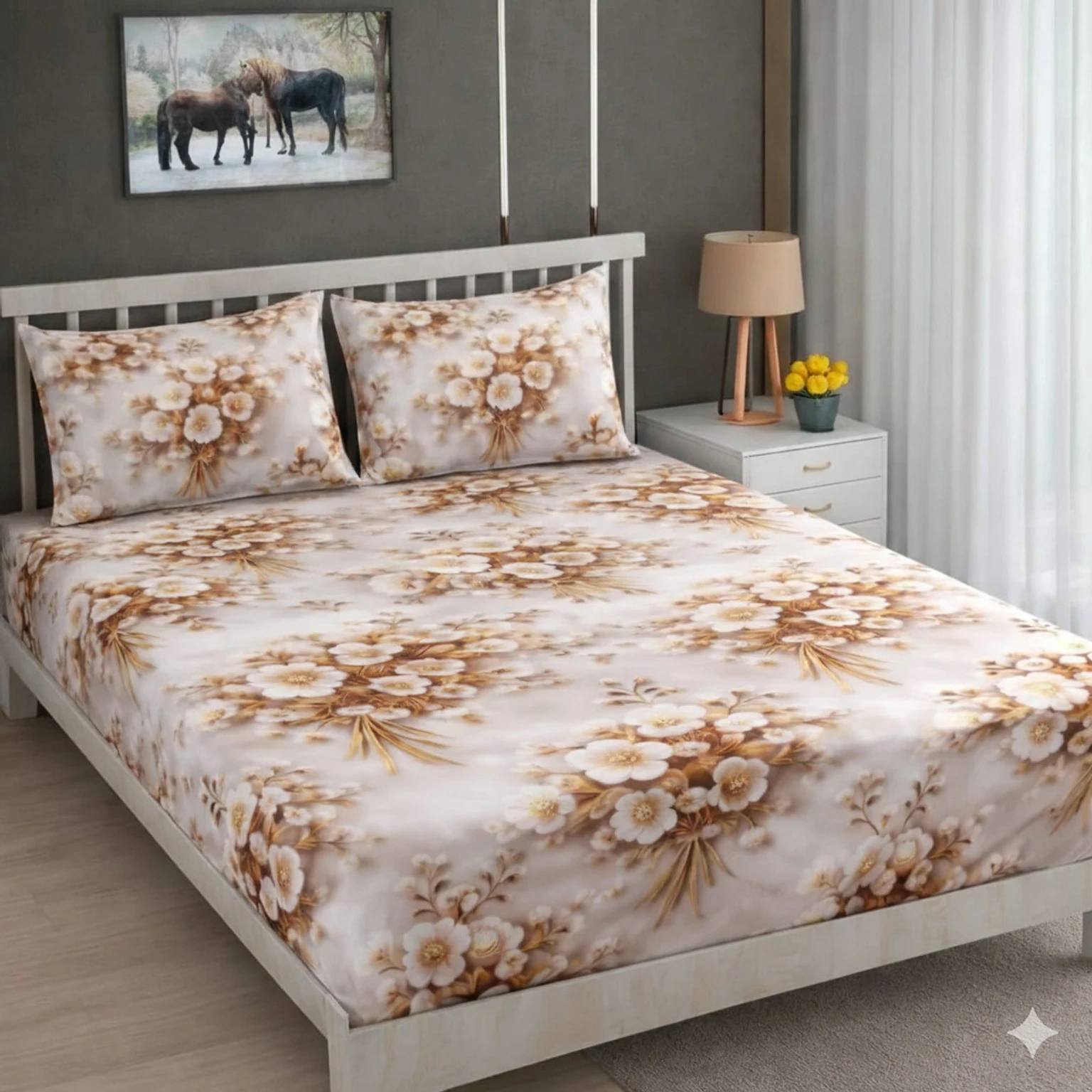 Premium White Gold Floral Cotton King Fitted (Elastic) 7D Digital 1 Bedsheet with 2 Pillow Covers