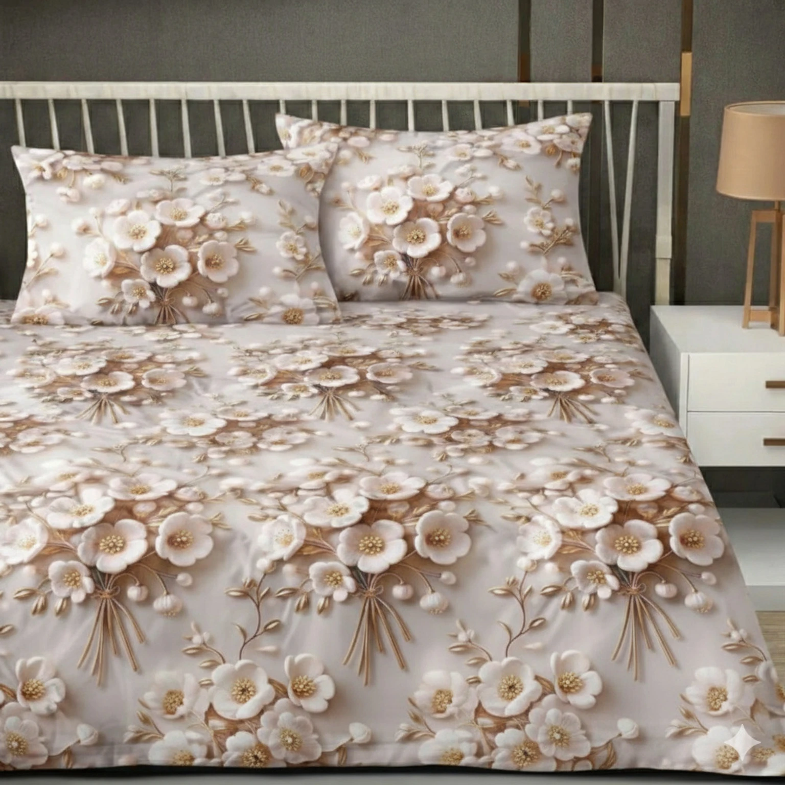 Premium White Gold Floral Cotton King Fitted (Elastic) 7D Digital 1 Bedsheet with 2 Pillow Covers