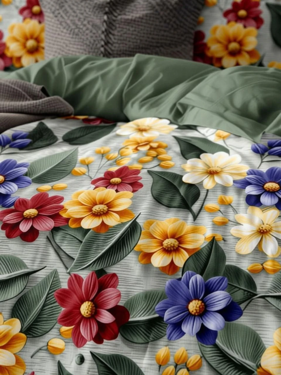 Premium Red Yellow Flower Cotton King Fitted (Elastic) 7D Digital 1 Bedsheet with 2 Pillow Covers