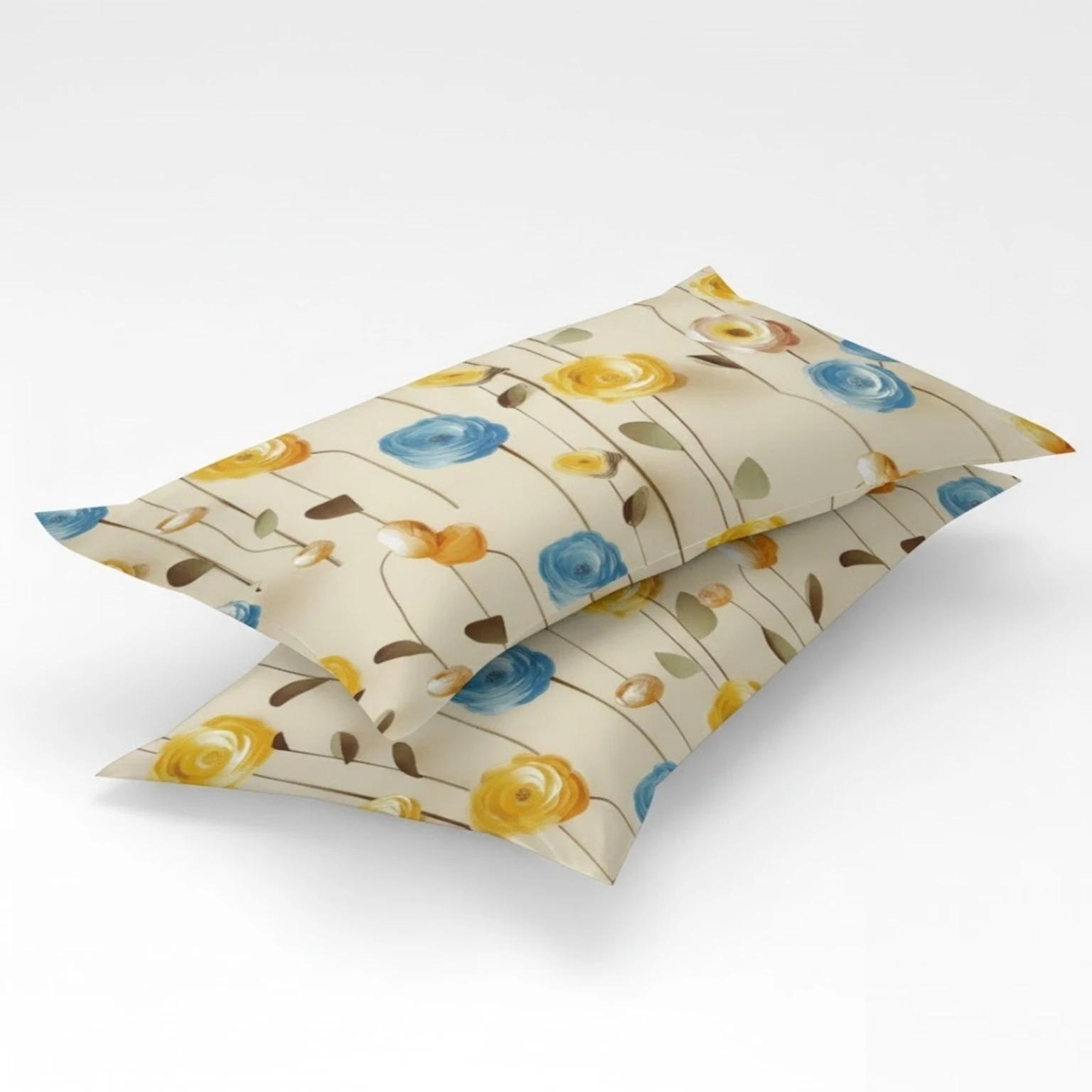 Premium Cream Color Cotton King Fitted (Elastic) 7D Digital 1 Bedsheet with 2 Pillow Covers